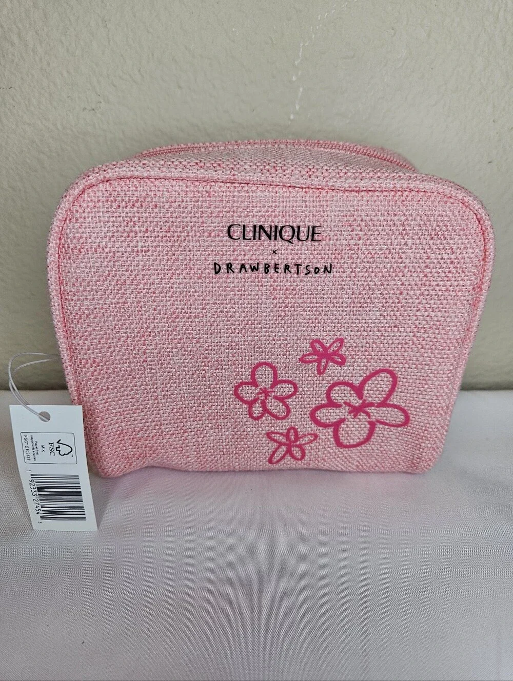 Clinique x Drawbertson Pink Floral Makeup Pouch NWT
